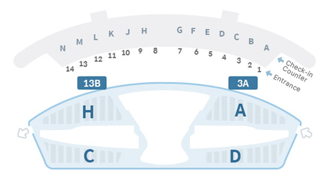 제1 여객터미널 지상1층 A~N 체크인카운터 1~14출입구 기준 13B와 3A 방면 단기주차장 H, A, C, D 주차구역