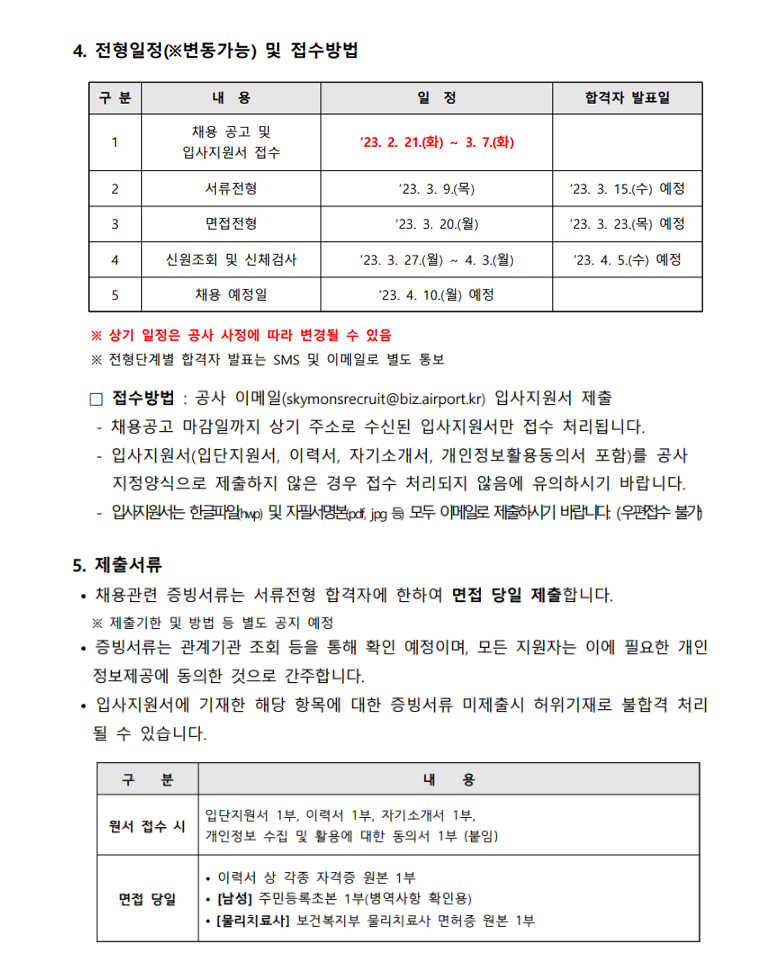 4. 전형일정 및 접수방법 □ 전형일정 구분 내 용 일 정 합격자 발표일 채용 공고 및 1 '23. 12. 5.(화) ~ '23. 12. 19.(화) 입단지원서 접수 2 서류전형 '23. 12. 21.(목) '23. 12. 22.(금) 예정 3 면접전형 '23. 12. 27.(수) '24. 12. 29.(금) 예정 4 신원조회 및 신체검사 '24. 1. 2.(월) ~ '24. 1. 08.(월) '24. 1. 9.(화) 예정 5 채용 예정일 '24. 1. 10.(수) 예정 ※ 상기 일정은 사정에 따라 변경될 수 있으며 별도 안내 예정 ※ 전형단계별 합격자 발표는 SMS 및 이메일로 별도 통보 접수방법 : 공사 이메일(skymonsrecruit@biz.airport.kr) 입단지원서 제출 - 채용공고 마감일까지 상기 주소로 수신된 입단지원서만 접수 처리됩니다. - 입단지원서류(입단지원서, 이력서, 자기소개서, 개인정보활용동의서 포함)를 공사 지정양식으로 제출하지 않은 경우 접수 처리되지 않음에 유의하시기 바랍니다. - 본인 자필서명 후(PDF양식) 이메일로 제출하시기 바랍니다. (우편접수 불가) 5. 제출서류 • 채용관련 증빙서류는 서류전형 합격자에 한하여 면접 당일 제출합니다. ※ 제출기한 및 방법 등 별도 공지 예정 • 증빙서류는 관계기관 조회 등을 통해 확인 예정이며, 모든 지원자는 이에 필요한 개인정보 제공에 동의한 것으로 간주합니다. • 입단지원서에 기재한 해당 항목에 대한 증빙서류 미제출시 허위기재로 불합격 처리될 수 있습니다. 구분 내 용 입단지원서 1부, 이력서 1부, 자기소개서 1부, 개인정보 수집 및 활용에 대한 동의서 1부 원서 접수 시 (붙임양식 참조) 필수 • 경력증명서 원본 1부 • 이력서 상 각종 자격증 원본 1부 • [남성] 주민등록초본 1부(병역사항 확인용) 면접 당일 [경력사항] 경력증명서 원본 1부(기재한 경력 내용을 확인할 수 있는 증명서) 해당자 • [국가보훈대상자] 취업지원대상자 증명서 원본 1부 [장애인] 정부24(www.gov.kr)에서 발급한 장애인증명서 등 원본 1부(장애인 카드 또는 수첩 등 불가)