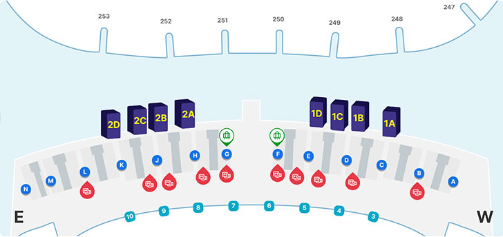 지도를 반으로 나누었을 때  E방향에 253 252 251, 2번의 출국장과 H G F E의 체크인 카운터가 있으며 E 체크인 카운터 방향에 셀프백드랍 한개가 위치해 있다. 또한 8 7 6 5번의 출입구와 셀프체크인이 있으며, W 방향에 250 249 248 247, 1번의 출국장과 D C B A의 체크인 카운터가 있고 D 카운터에 셀프백드랍이 위치하고 있다. 또한 4 3 2 1의 출입구과 셀프체크인이 있다. 