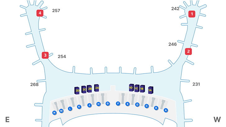 1. 면세지역 242번 게이트 부근, 2.면세지역 246번 게이트 부근, 3. 면세지역 231번 게이트 부근, 4. 면세지역 268번 게이트 부근, 5. 면세지역 254번 게이트 부근, 6. 면세지역 257번 게이트 부근