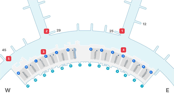 1. 면세지역 25번 게이트 부근, 2. 면세지역 29번 게이트 부근, 3. 일반지역 K 체크인카운터 부근, 4. 일반지역 D 체크인카운터 부근, 5. 면세구역 45번 게이트 인근