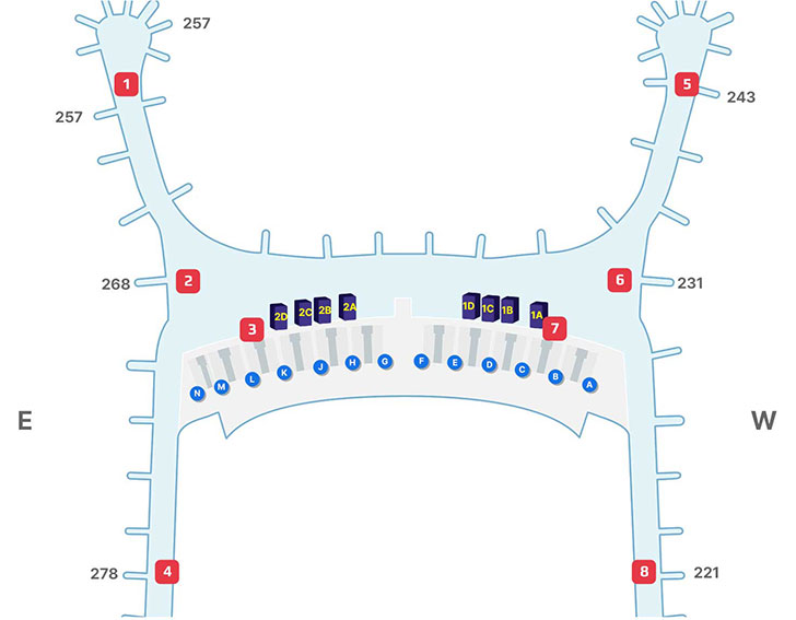 1. 면세지역 268번 게이트 부근, 2. 면세지역 257번 게이트 부근, 3. 면세지역 231번 게이트 부근, 4. 면세지역 243번 게이트 부근, 5. 일반지역ㄷ 동편, 6.일반지역 서편