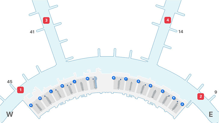 1.면세지역 45번 게이트 부근, 2.면세지역 9번 게이트 부근, 3. 면세지역 41번 게이트 부근, 4. 면세지역 14번 게이트 부근