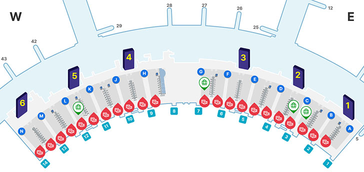 지도를 반으로 나누었을 때  W 쪽의 43 42 29 28, 6 5 4번 출국장과 N M L K J H 의 체크인 카운터, 14 13 12 11 10 9 8의 출입구와 셀프 체크인이 있으며 L의 체크인 카운터에 1개의 셀프백드랍이 있고, E 방향의 27 26 25 12, 3 2 1번의 출국장, G F E D C B A의 체크인 카운터, 7 6 5 4 3 2 1 의 출입구와 체크인 카운터, 그리고 G, D, C의 체크인카운터쪽에 셀프체크인이 하나씩 있다. 