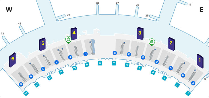 위쪽으로 면세지역이며 1~6번까지의 출국장 아래쪽으로 일반지역이다. 일반지역에 A~N까지의 체크인 카운터가 있고 ,J와 E 체크인 카운터 쪽에 대형 수하물 카운터가 위치해 있다. 체크인 카운터 아래쪽에 1~14번의 출입구가 위치해있다.