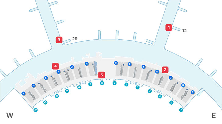1. 면세지역 12번 게이트 부근, 2. 일반지역 c 카운터 앞, 3. 면세지역 29번 게이트 부근, 4. 일반지역 k 카운터 앞, 5. 일반지역 중앙(8번출구 앞)