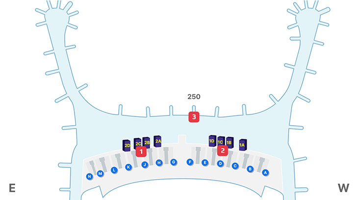 1. 일반지역 3층 안내데스크, 2. 일반지역 3층 안내데스크, 3.면세지역 3층 안내데스크, 4.면세지역 3층 안내데스크