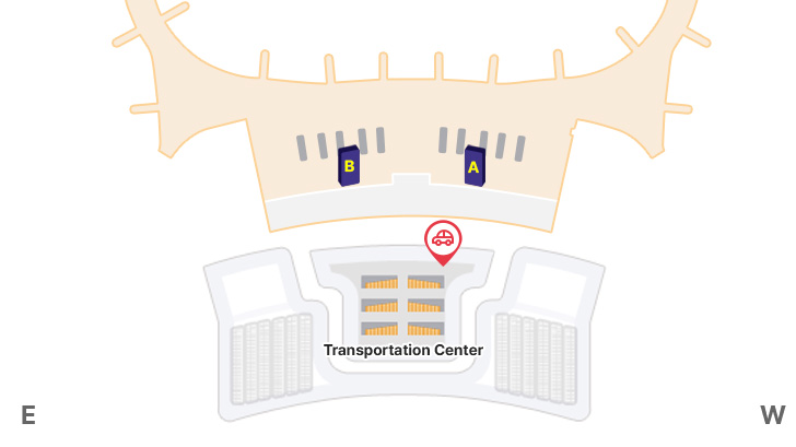 렌터카 위치안내도 : 면세지역, 일반지역, 입국장(A~B)등을 나타내고 있습니다. 제2여객터미널 렌터카 위치는 교통센터 지하 1층 서편입니다.