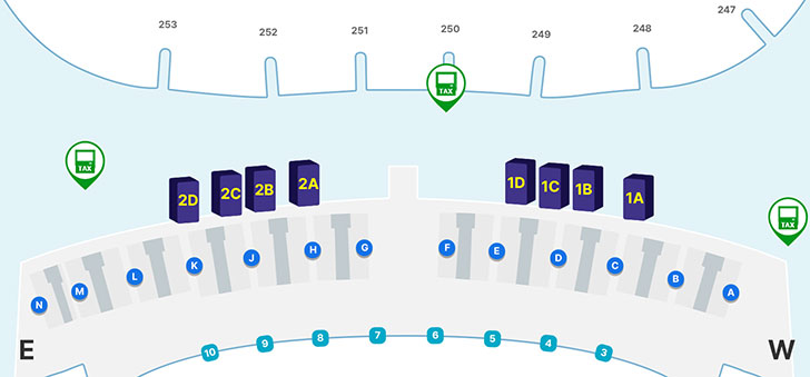 253번게이트 앞과 250번 게이트 앞에 TAX 마크가 있음.