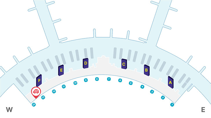 렌터카 위치안내도 : 면세지역, 일반지역, 체크인카운터(A~N), 출입구(1~14)등을 나타내고 있습니다. 제1여객터미널 렌터카 위치는 일반지역 1층 13번, 14번 출입구 사이입니다.