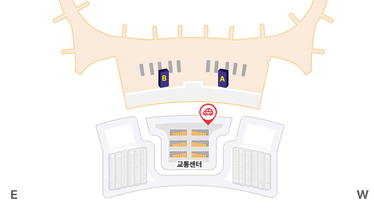 렌터카 위치안내도 : 면세지역, 일반지역, 입국장(A~B)등을 나타내고 있습니다. 제2여객터미널 렌터카 위치는 교통센터 지하 1층 서편입니다.